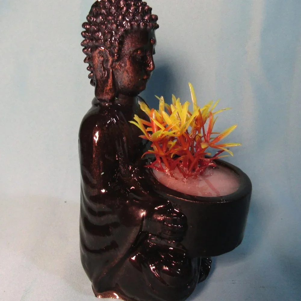 Aquarium Decoration - Buddha with Yellow and Orange Plant.